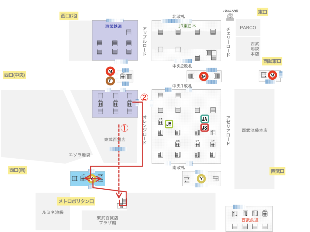 池袋駅 有楽町線と東武東上線線間の乗換え道順 エレベータールート つれてんてん